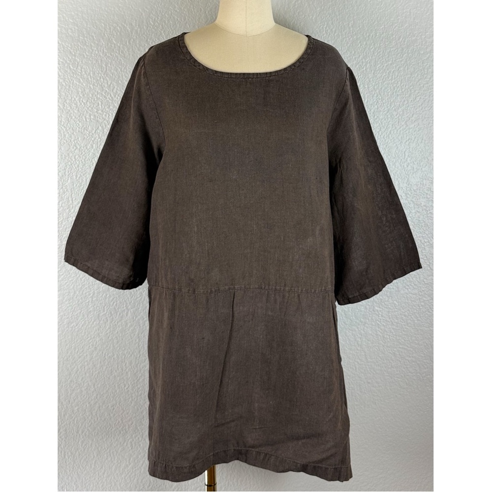 Bryn Walker Women’s Brown 100% Linen Tunic Blouse  Lagonlook Minimalist Large